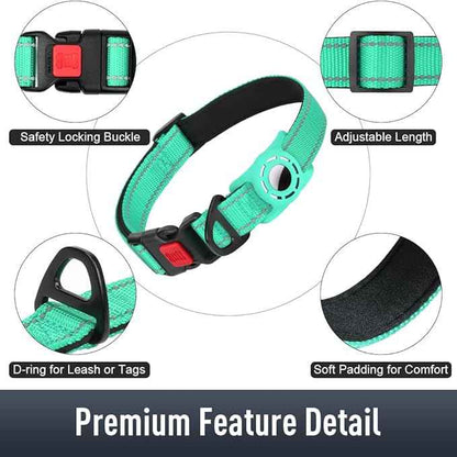 AirTag Dog Collar with AirTag Holder Compatible for Air Tag, Reflective Soft Padded, Safety Locking Buckle, Adjustable Nylon for Small Medium Large Dogs (Teal,L)