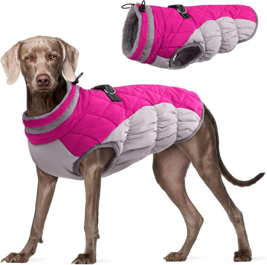 FUAMEY Dog Coat, X-Large, Pink, Faux Fur, Turtle Neck, Zipper, Water Resistant, Reflective, Windproof, Fitted for Large Breeds