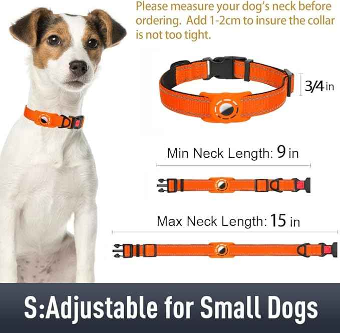 AirTag Dog Collar with AirTag Holder Compatible for Air Tag, Reflective Soft Padded, Safety Locking Buckle, Adjustable Nylon for Small Medium Large Dogs (Orange,S)