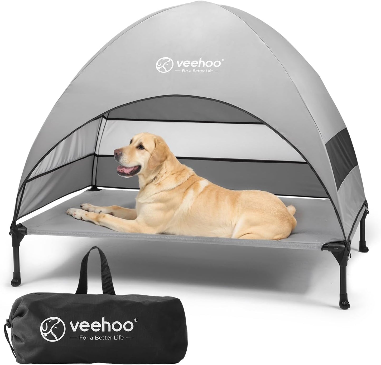 Veehoo Outdoor Dog Bed with Canopy, Cooling Elevated Pet Cot with Removable Shade, Non-Slip Feet, Raised Dog Cot for Large Dogs, Pet Tent Bed for Camping, Beach, Large, Grey, CWC2411 - Pawvie