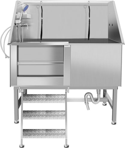 50" Dog Washing Station, Professional Stainless Steel Dog Bathing Station, Equipped/W Three Anti-Slip Steps, Removable Door, Upgraded Spray Nozzle&Hose - for Home, Pet Grooming Salon (50" Left ramp)