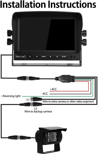 Backup Camera System Kit 7" LCD Reversing Monitor +Rear View Back Up Camera with 170 ° Wide Angle, Waterproof IP68, 18 Infrared Night Vision for Trucks/RV/Trailers/Bus/Vans/Box Truck