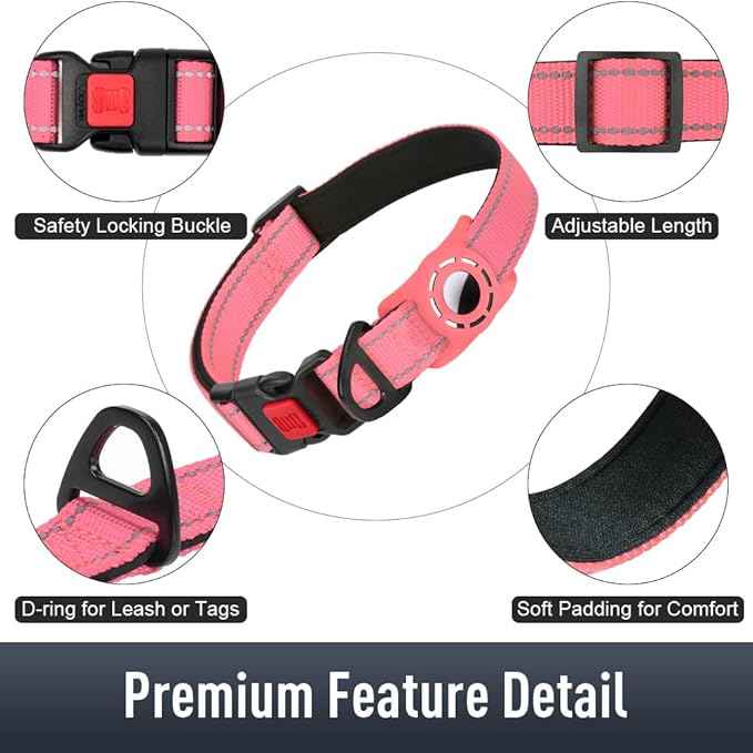 AirTag Dog Collar with AirTag Holder Compatible for Air Tag, Reflective Soft Padded, Safety Locking Buckle, Adjustable Nylon for Small Medium Large Dogs (Pink,L)