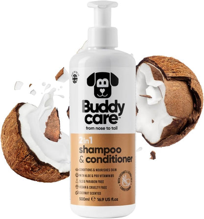 2in1 Dog Shampoo and Conditioner (16.90oz) | Coconut Scented Dog Shampoo Sensitive Skin | Hypoallergenic Itch Relief for Smelly Dogs | Essential Dog Grooming Supplies