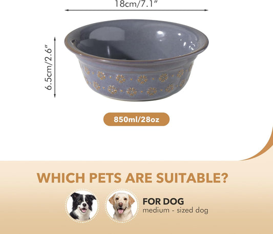Ceramic 7.1inch Set of 2 Dog Bowls for Medium and Large Dog, 2pcs Basic Food and Water Dishes for Replacement, Wide Opening Rounded Edge (2 Bowls, Reactived Glaze -Grey)