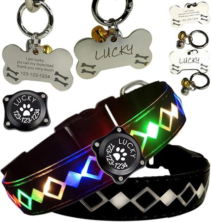 LED Dog Collar with AirTag Holder and Custom ID Tag, 15 Light Modes, Waterproof, Multiple Colors (BLACK Pro, M(11.8-15.7"))