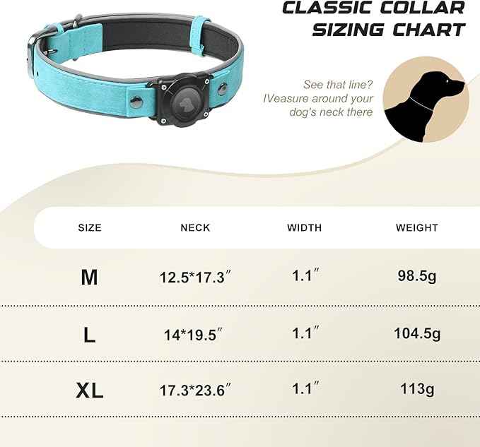 Leather AirTag Dog Collar, Waterproof Dog Collar with Air Tag Holder, Compatible with Apple Air Tag, Reflective, Durable, Comfortable Padded GPS Dogs Collars (Light Blue, L)