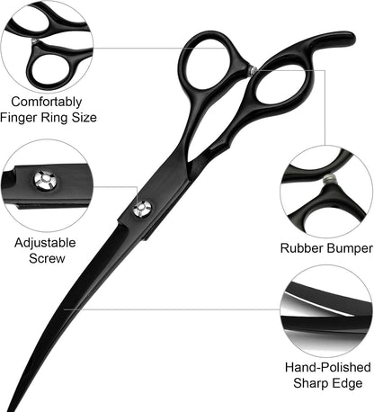 Professional Dog Grooming Scissors Set Stainless Steel Dog Grooming Kit - Thinning, Curved Scissors and Comb for Cat Pet (Black 5 in1)