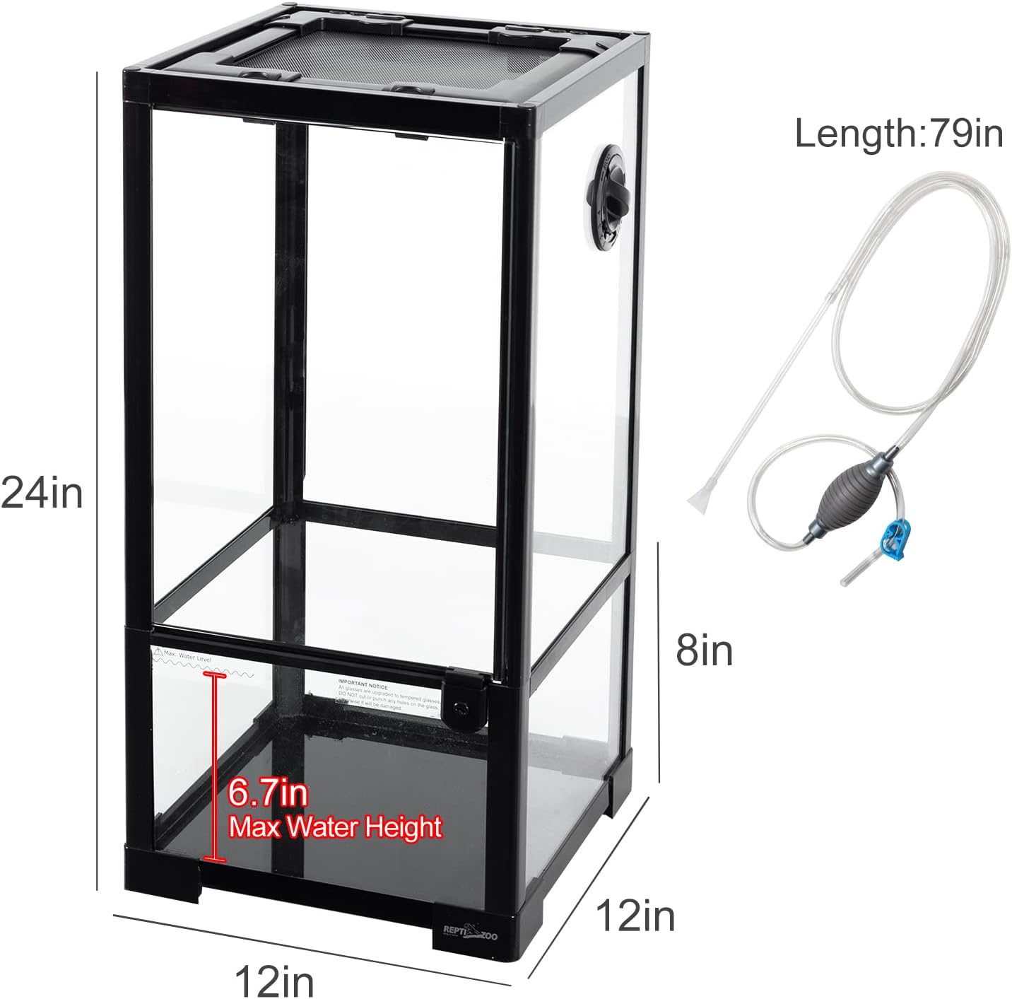 REPTIZOO 15 Gallon Full Glass Reptile Terrarium 12" x 12" x 24" Knock-Down Glass Tank and Siphon Gravel Cleaner Set, Small Habitat for Reptile Chameleon, Tree Frogs, Arboreal Geckos,Lizard - Pawvie