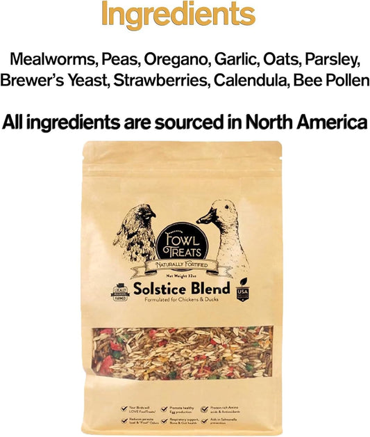 Naturally Fortified Treats – Protein Rich Supplement Suitable for Chickens, Hens and Ducks, Hand Mixed with USA Grown Ingredients – Solstice Blend – 32oz