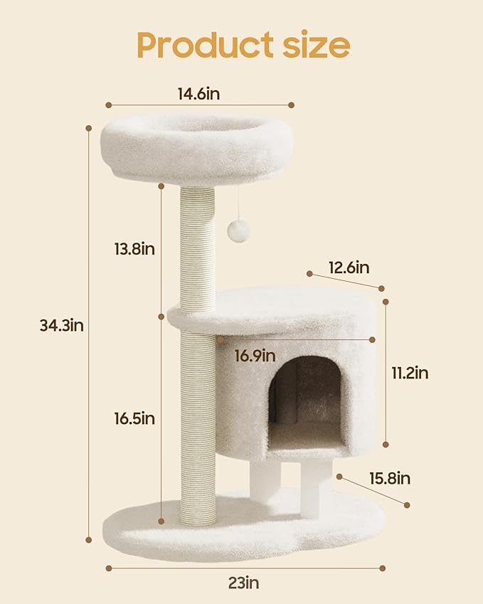 Cat Tree, 34.3 Inches Cat Tower with Scratching Post, Condo, Interactive Hanging Ball, Plush Perch for Indoor Large Cats, Beige