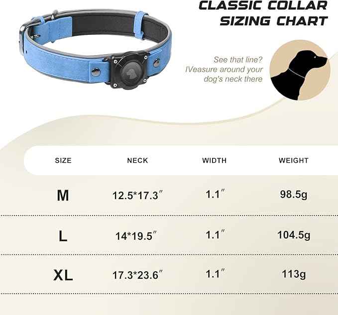Leather AirTag Dog Collar, Waterproof Dog Collar with Air Tag Holder, Compatible with Apple Air Tag, Reflective, Durable, Comfortable Padded GPS Dogs Collars (Blue, M)
