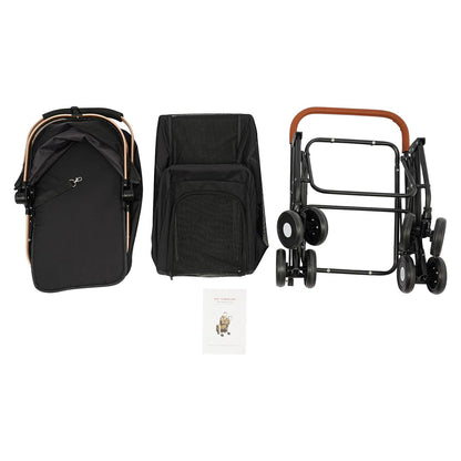 2-Layers Pet Stroller for 2 Cats/Dogs,Foldable Lightweight 77lbs Capacity Carrier, 4 Wheels, Removable Basket & Storage Pocket,for Small Pets (Black)
