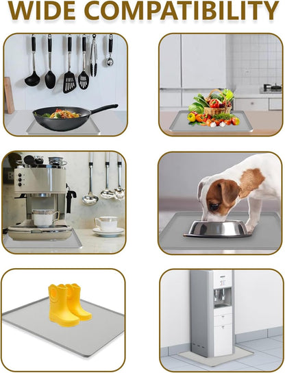 Waterproof Silicone Mat with Raised Edges 24x16 Inch, Water Cooler Mat & Countertop Protector for Hardwood Floors, Non-Slip Kitchen Appliance Pad for Pets Cats Dogs Feeding Bowls, Easy to Clean (Gray）