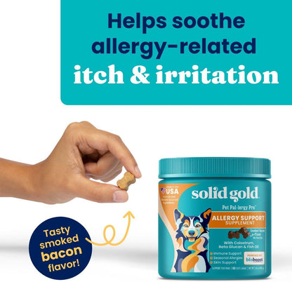 Solid Gold Dog Allergy Relief Chews - Dog Itching Skin Relief & Seasonal Allergies Support - Alaskan Salmon Oil for Dogs Skin, Coat & Immune Support - Bacon Flavor Soft Allergy Chews for Dogs - 60ct