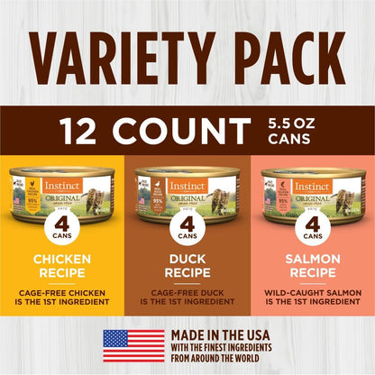 Instinct Original Pate Wet Cat Food, Grain Free Recipe - Variety Pack, 5.5 oz. Cans (Pack of 12)