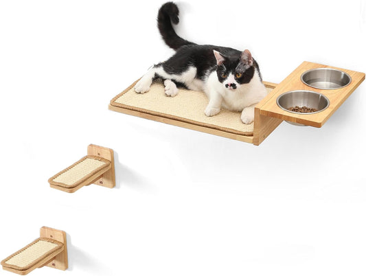 FUKUMARU Cat Wall Shelves, 3 In 1 Cats Walls Furniture Set, Food Station with 2 Steps , Solid Rubber Wood Perch, Suitable for Kitten Play, Nap, Eat, DIY Wall Jungle Gym
