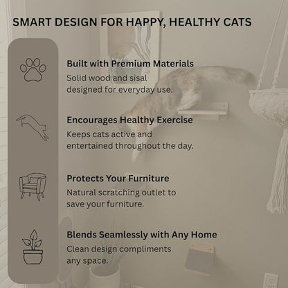 Modern Cat Wall Furniture Set – 5-Piece Hanging Shelves with Macramé Bed, Scratcher & Climbing Steps – Boho Wooden Cat Wall for Indoor Cats
