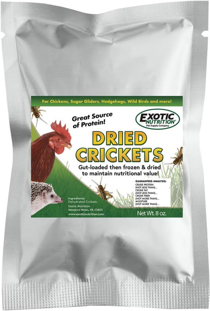 1 Pound Dried Crickets - High Protein Insect Treat - Chickens, Wild Birds, Hedgehogs, Bluebirds, Reptiles, Sugar Gliders, Opossums, Skunks, Lizards, Bearded Dragons, Fish, Turtles 8 oz. (2 Pack)