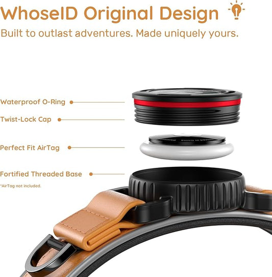 WhoseID Premium Leather Dog Collar - Waterproof AirTag Dog Collar | Magnetic Buckle Heavy Duty Collar | Medium Reflective Dog Collar with AirTag Holder