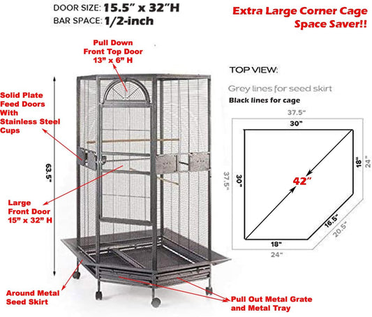 X-Large Corner Parrot Bird Flight Breeding Wrought Iron Rolling Cage Solid Plated Feeder Doors with Around Metal Seed Guard