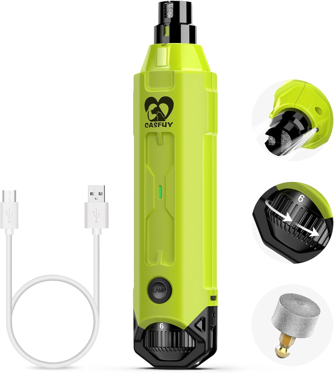 Casfuy 6-Speed Dog Nail Grinder - Newest Enhanced Pet Nail Grinder Super Quiet Rechargeable Electric Dog Nail Trimmer Painless Paws Grooming & Smoothing Tool for Large Medium Small Dogs (Green)