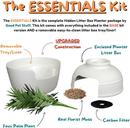 Good Pet Stuff Hidden Litter Box Planter, Decorative Cat Litter Enclosure with Carbon Filter, Artificial Plant, Easy Clean, Removable Liner, Round Style, Essentials Kit, Classic White