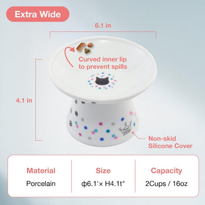 Necoichi Raised Cat Food Bowl – Ceramic Elevated Cat Bowl for Whisker & Neck Fatigue, Dishwasher Microwave Safe – Non-Slip & Anti Vomiting Ergonomic Design (Colorful Dots, Extra Wide)