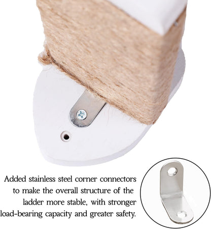 3-in-1 Cat Wall Steps with Hemp Rope, Solid Wood Cat Ladder for Climbing and Playing (Large-White)