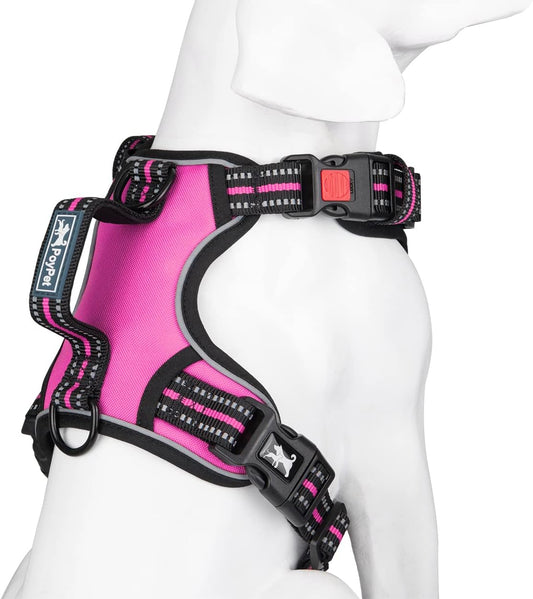 PoyPet No Pull Dog Harness, No Choke Front Clip Reflective Dog Vest with Soft Padded Vertical Handle, 3 Leash Attachments for Small Medium Large Dogs (Pink,XL)