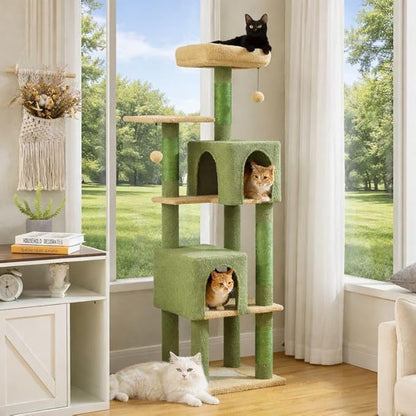 62" Cactus Cat Tree for Large Cats, Multi-Level Cat Tower with 2 Plush Condos, Soft Bed, Scratching Posts & Pad, Padded Perch & 2 Hanging Pompoms for Indoor Cats, Green