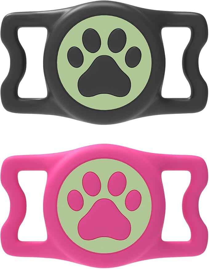 2 Pack Waterproof Airtag Dog Collar Holder for Apple Air Tag, Silicone Dog Airtag Holder for Dogs & Cat Collars(Black/Rosered Luminous)