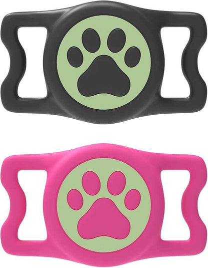 2 Pack Waterproof Airtag Dog Collar Holder for Apple Air Tag, Silicone Dog Airtag Holder for Dogs & Cat Collars(Black/Rosered Luminous)