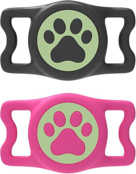 2 Pack Waterproof Airtag Dog Collar Holder for Apple Air Tag, Silicone Dog Airtag Holder for Dogs & Cat Collars(Black/Rosered Luminous)