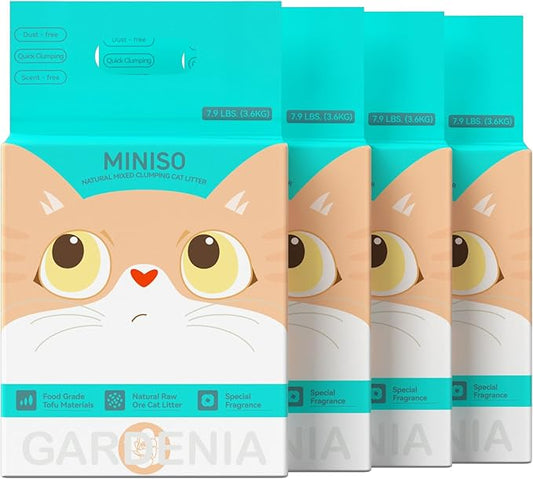 MINISO Clumping Cat Litter, Tofu+Bentonite+Cassava, Odor Control, Rapid Clumping, Water Absorbent and Toilet Flushable, Multi-Cat, Gardenia Style, 31.6lb (4 Pack of 7.9lb Bags)