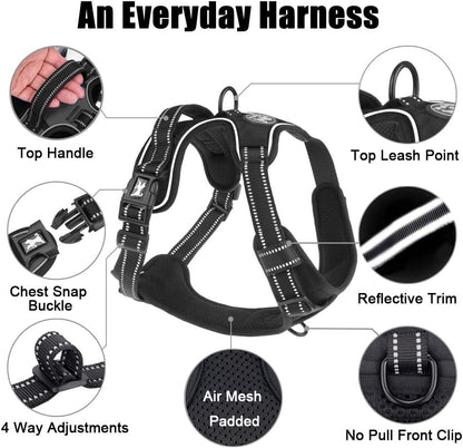 PoyPet No Pull Dog Harness, Reflective Comfortable Vest Harness with Front & Back 2 Leash Attachments and Easy Control Handle Adjustable Soft Padded Pet Vest for Small to Large Dogs (Black,XS)