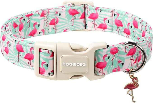 DOGWONG Pink Flamingo Dog Collar Spring Puppy Collars for Small Girl Boy Dogs Durable Soft Adjustable Dog Collar for Small Medium Large Dogs,XL