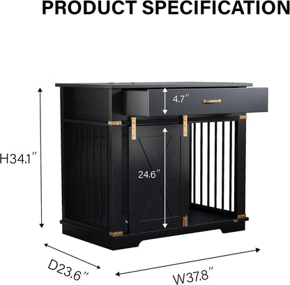 LZUUOB 37.8'' Dog Crate Furniture with Storage Drawer, Decorative Wooden Dog Kennel with Sliding Barn Door, Indoor Water Resistant Cage for Pet, Small, Medium, Large Dog (Black Gold Oak)