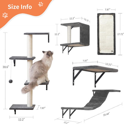Modern Wall-Mounted Cat Furniture - 5pcs Cat Wall Shelves, Wooden Climber Includes House, Bridge, Tree, Steps, and Scratcher (Gray)