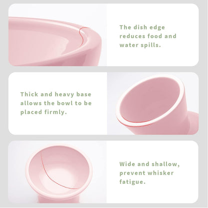 Extra Wide Elevated Ceramic Cat Bowl, 6.2" Shallow Dish for Whisker Fatigue Relief, 5" Height for Easy Feeding, Durable Raised Cat Food Bowls, Pack of 2, Pink