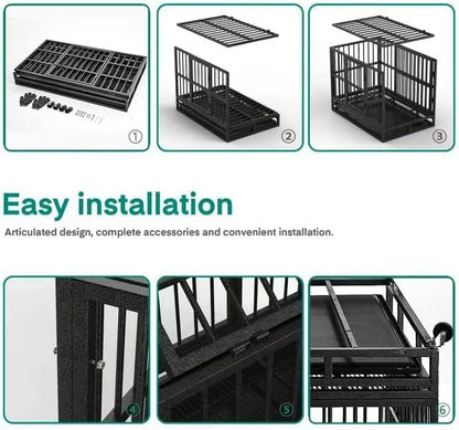 Oranland 48/38 Inch Heavy Duty Indestructible Dog Crate Cage Kennel with Wheels, High Anxiety Dog Kennel, Sturdy Locks, Double Door and Removable Tray Design, Extra Large XL Dog Crate.