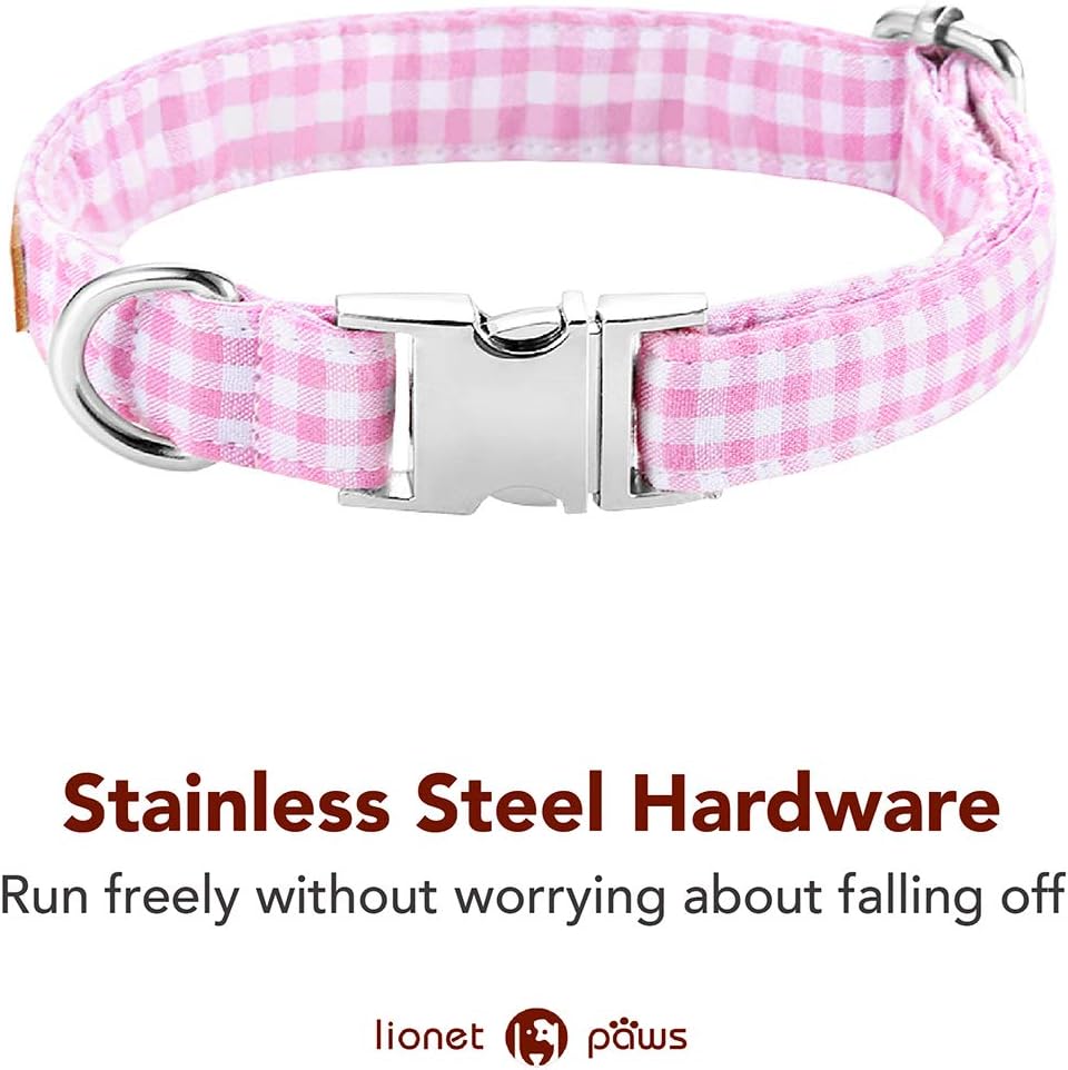 Lionet Paws Dog Collar with Bowtie, Comfortable Adjustable Cute Pink Gingham Bow Tie Collar for Female Dogs Gift, Small, Neck 10-16 inches