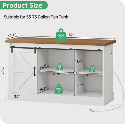 Fish Tank Stand Up to 75 Gallon, Aquarium Stand with Sliding Barn Doors & Power Outlet, White Farmhouse Style Stand with Cabinet Storage for Fish Tank, Turtle Tank, Reptile Terrarium,1000LBS Capacity