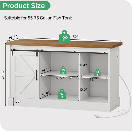 Fish Tank Stand Up to 75 Gallon, Aquarium Stand with Sliding Barn Doors & Power Outlet, White Farmhouse Style Stand with Cabinet Storage for Fish Tank, Turtle Tank, Reptile Terrarium,1000LBS Capacity