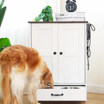 Pet Feeding Station, Dog Feeding Station, Dog Food Storage Cabinet, Pet Food Toy Organiser with 2 Elevated Bowls and Hook for Feeding and Drinking, White