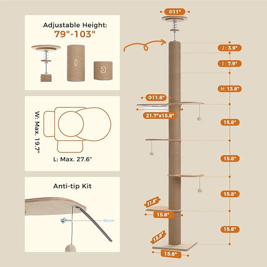 PETEPELA Floor to Ceiling Cat Tree, Adjustable Height(79-103'') Solid Wooden Tall Cat Tower for Indoor Cats with Sisal Scratching Post, Acrylic Bowl and Play Pompom, Wooden Beige