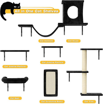 NUNU LAB Wall Mounted Cat Wall Shelves, 12-in-1 Cat Wall Climber with Condos House, Scratching Post, Bridge Ladder, Indoor Space-Saving Furniture for Kittens Play, Black