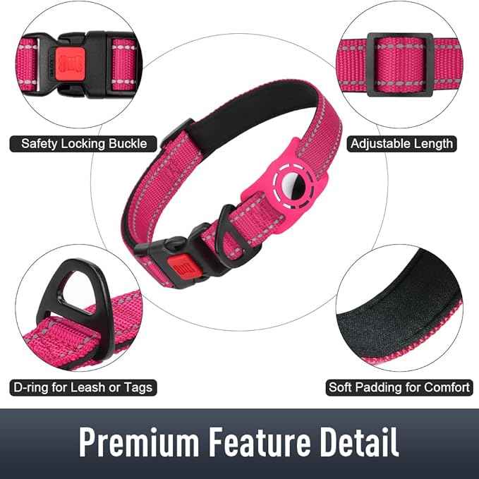 AirTag Dog Collar with AirTag Holder Compatible for Air Tag, Reflective Soft Padded, Safety Locking Buckle, Adjustable Nylon for Small Medium Large Dogs (Hotpink,XL)