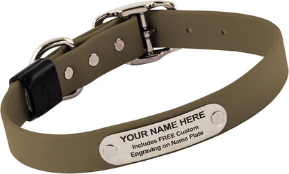 Biothane Custom Dog Collar – Waterproof, Stink-Proof Personalized Collar with Name & Phone Number – Durable, Many Sizes and Colors – Assembled in USA (Olive Green)