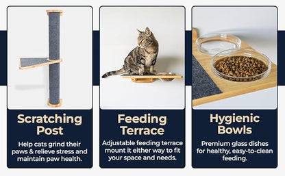 Cat Wall Shelves – Cat Wall Climber with Cat Scratch Post, Removable Bed, Climbing Steps, and Feeding Terrace with Glass Bowls, Waterproof Rubberwood Pet Furniture